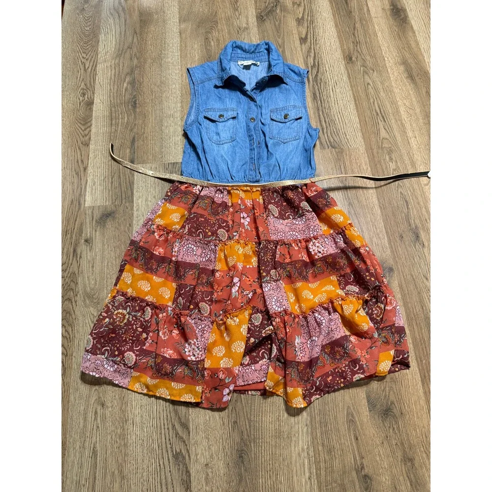 Knit Works Mixed Media Dress Girls M Blue Orange Sleeveless Tiered Excellent